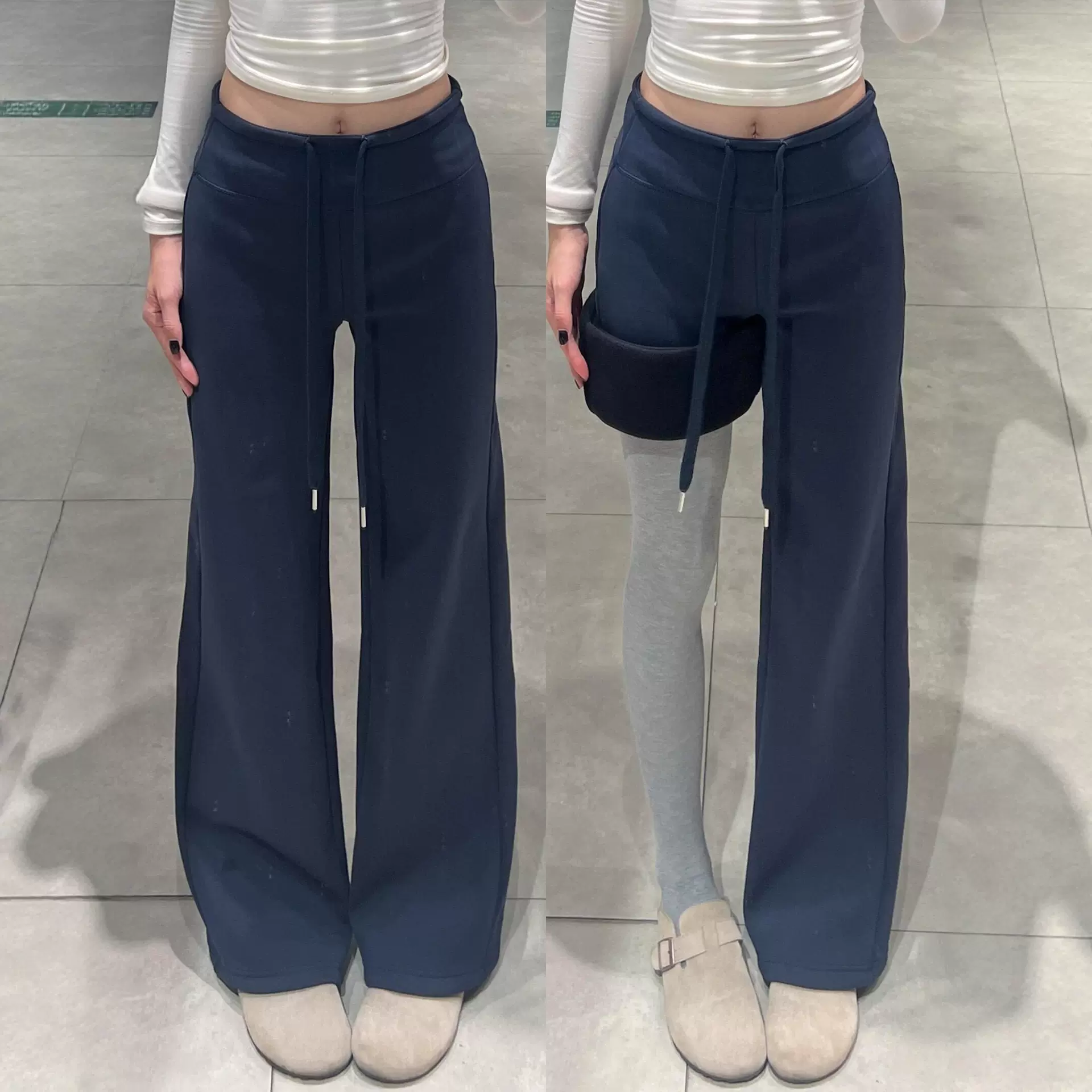 藏青lulu加绒运动裤女秋冬高腰显瘦慵懒风垂感卫裤休闲拖地阔腿裤