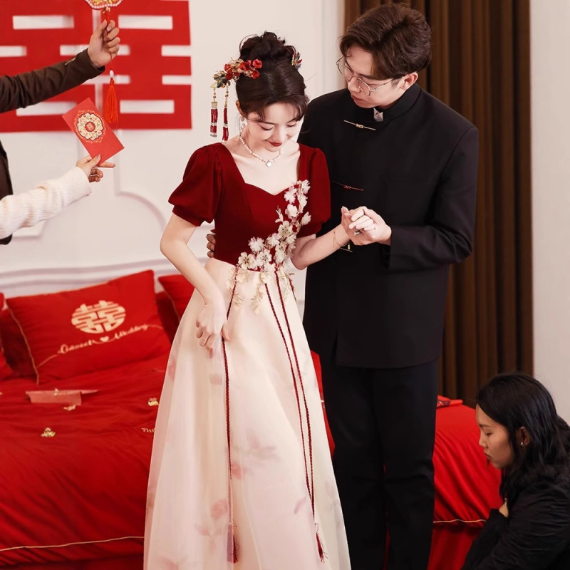 Plus-Size Wedding Dress for the Bride, 2026 New Square-Neck Engagement Dress, Long Slimming Dress for Fat Brides, Suitable for Homecoming
