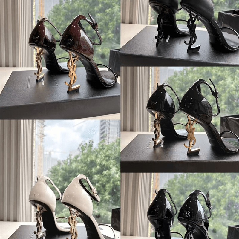 2025 New Summer Sexy Black Patent Leather Elegant One-Strap High Heels Letter Heel High Heel Sandals for Women