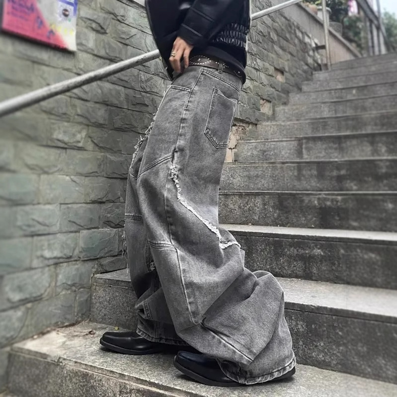 Cross-border tiktok americano retro lavado y jeans desgastados pantalones rectos sueltos de calle con costuras góticas