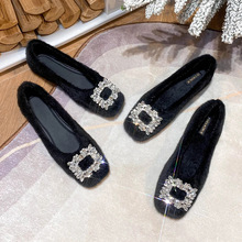 毛毛鞋女冬外穿平底方头新款秋季加绒豆豆鞋方扣水钻保暖单鞋