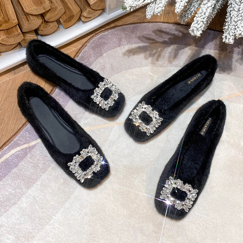 毛毛鞋女冬外穿平底方头新款秋季加绒豆豆鞋方扣水钻保暖单鞋