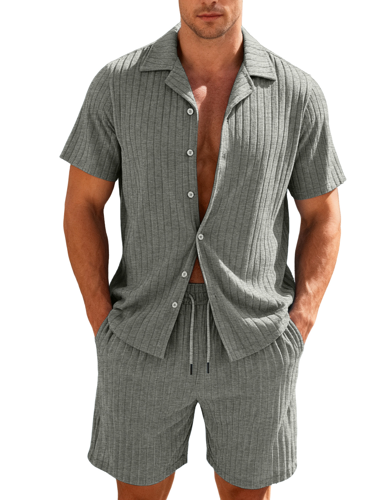 Amazon Commuting Casual Buttons Camisas de mangas cortas de vacaciones de hombre Pantalones de playa Cardigan de verano Set de pantalones cortos de mangas cortas