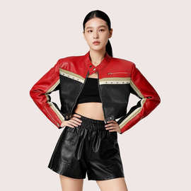 跨境现货一件代发拼接皮衣外套女春秋冬季新款短款机车皮衣女