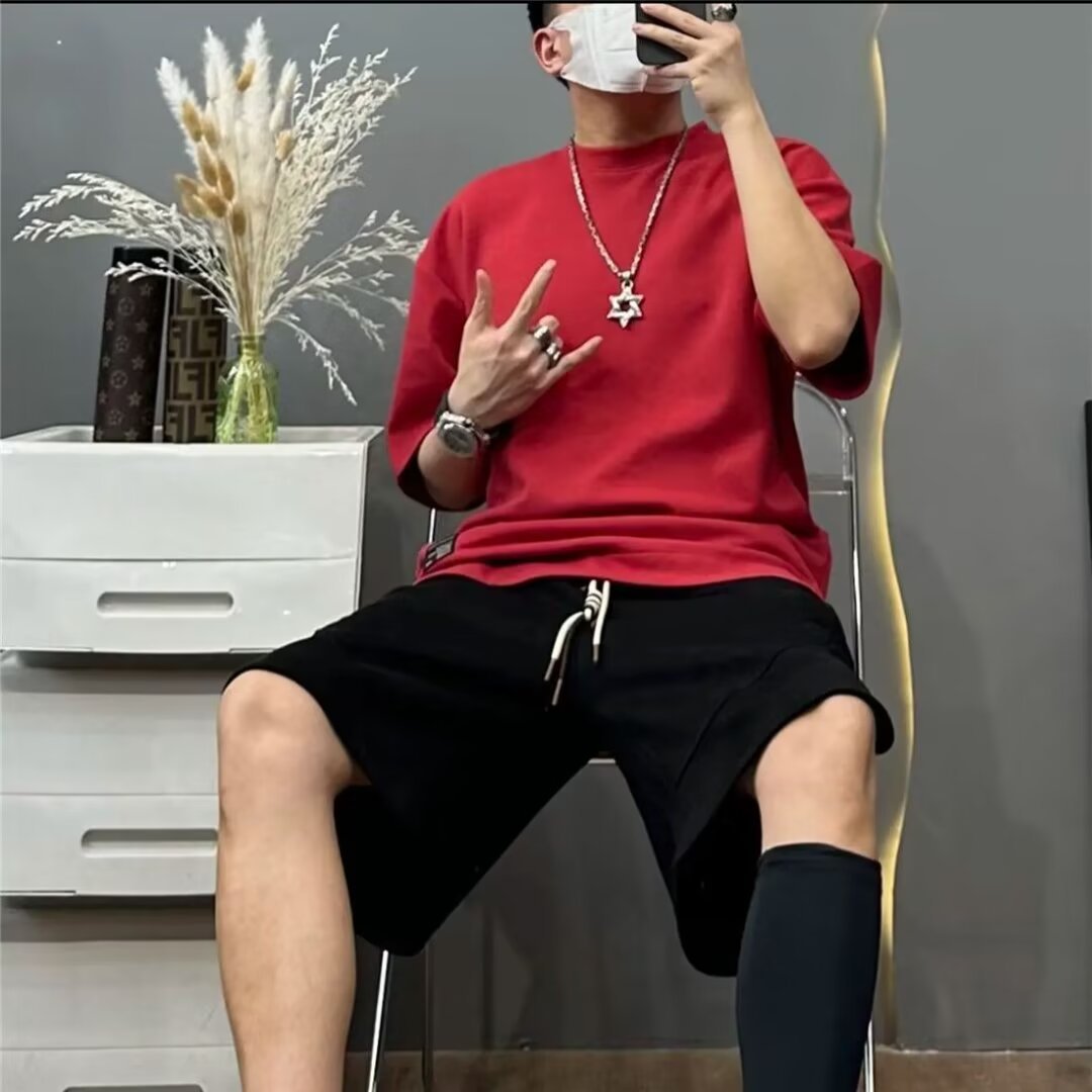 Men's Clothing Hidden pocket heavy waffle men's short sleeved round neck summer solid color loose large size T shirt cool and breathable_voghion.com