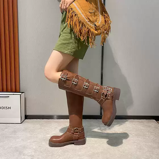 Genuine Leather Chunky Heel Martin Boots for Women Western Cowboy Boots Vintage Maillard High Shaft Belt Buckle Square Toe Riding Boots