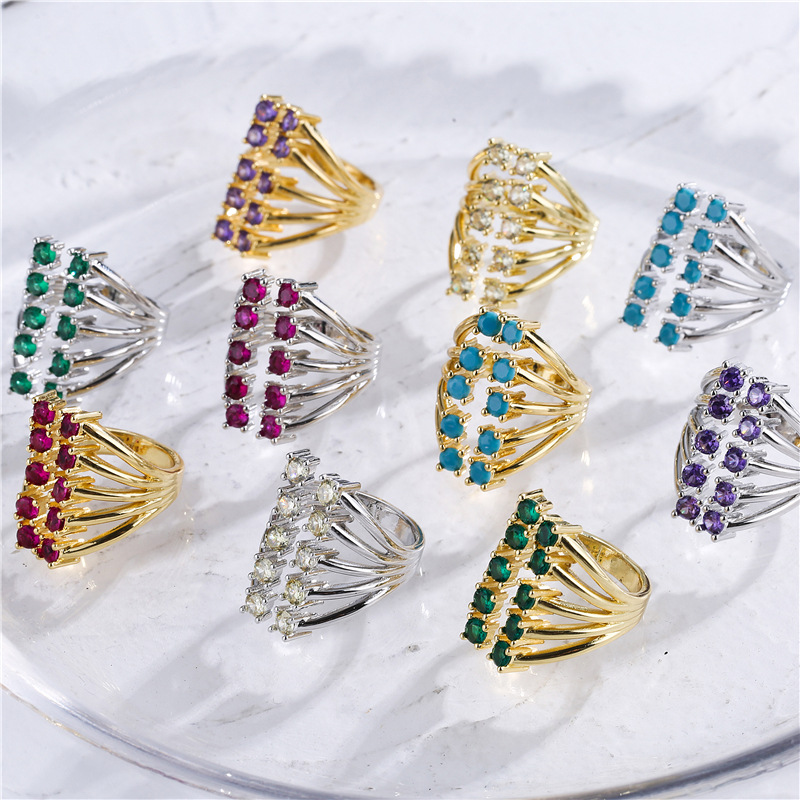 microinlaid color diamond row diamond ring opening adjustable exaggerated jewelry accessoriespicture1