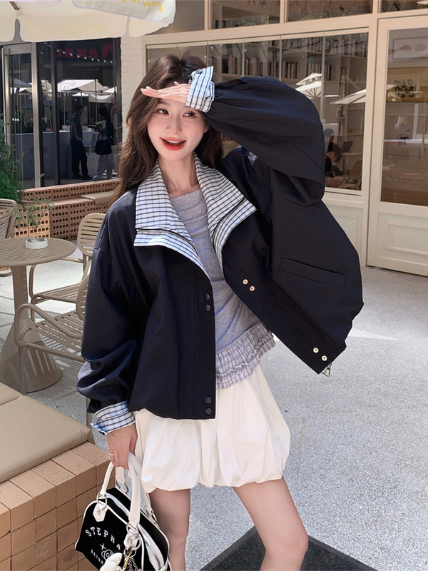假两件休闲格纹拼接藏蓝色短外套女春秋2025新款巨好看小个子夹克|undefined