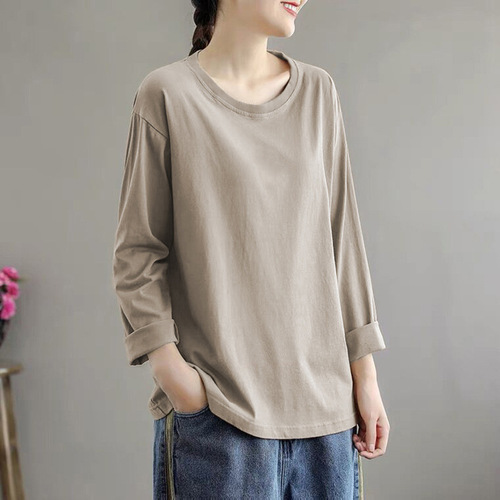 This year's popular belly cover small shirt spring and autumn versatile literary large size casual long-sleeved undershirt loose t-shirt for women 