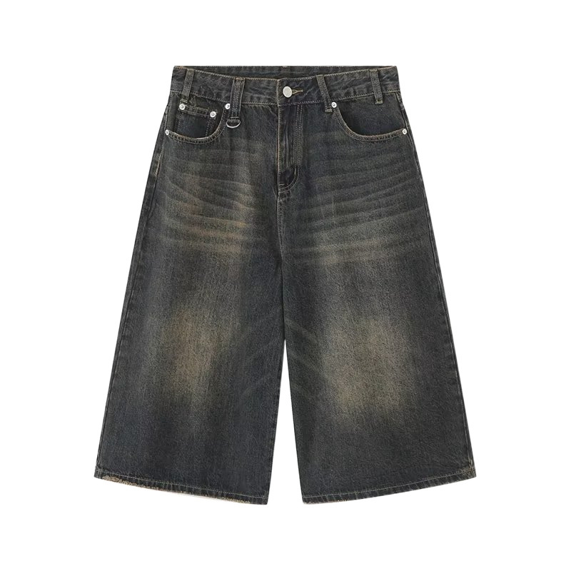 Lässige, gerade geschnittene Herren-Denim-Shorts mit weitem Bein und Used-Look in Blau im amerikanischen Retro-Stil – perfekt für den Sommer und vielseitige Kombinationsmöglichkeiten_voghion.com