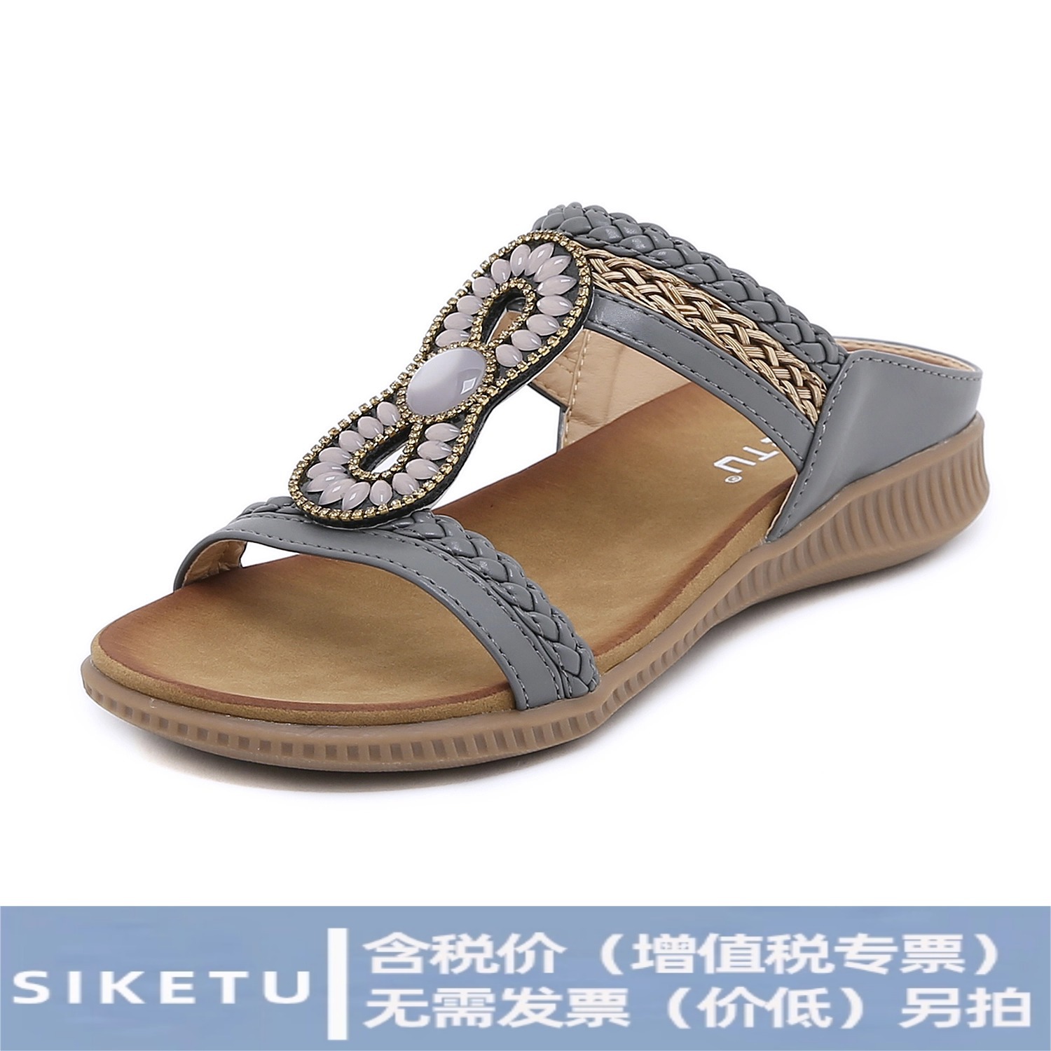 En Existencia, Sandalias Estilo Europeo y Americano 2025, Sandalias Planas de Talla Grande con Pedrería, Cómodas, de Punta Redonda, para Vacaciones en la Playa