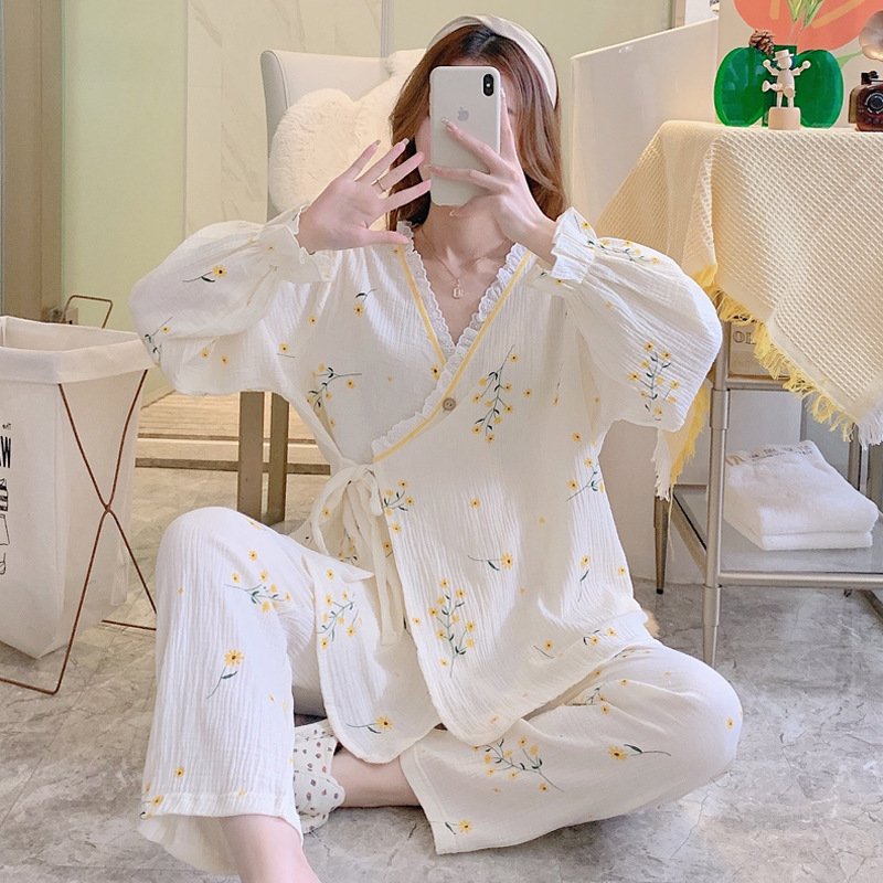 睡衣女春秋季紗布月子服簡約產婦孕期產後哺乳家居服大碼套裝批發