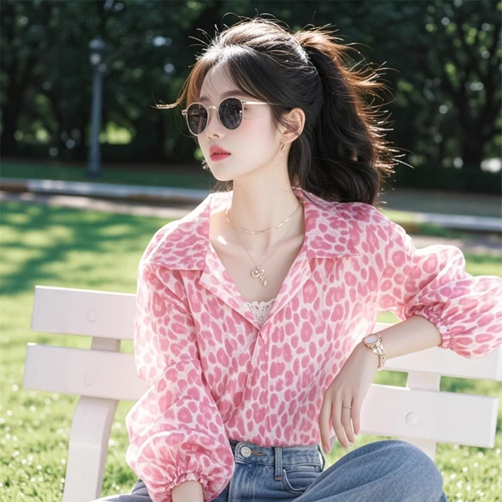 Áo sơ mi nữ cổ bèo tay bồng phối màu tương phản kiểu Pháp — màu hồng chi tiết 3