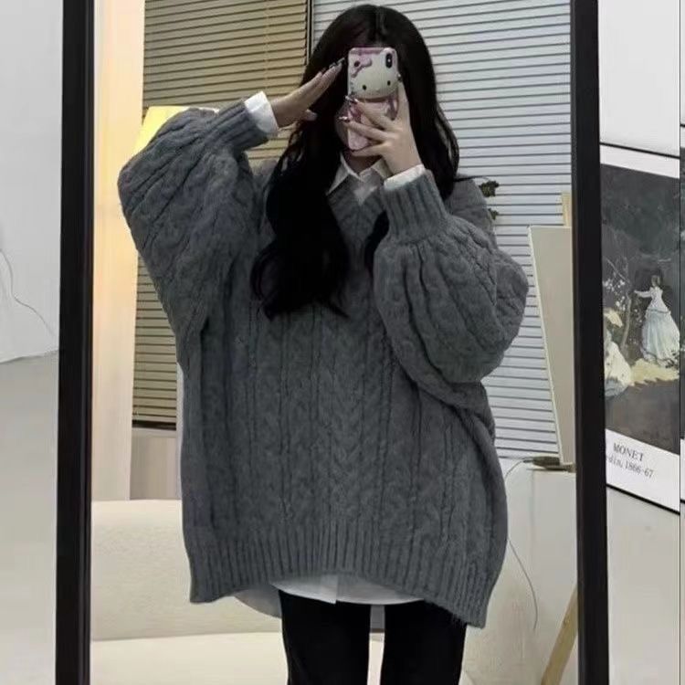 秋冬季慵懒风灯笼长袖软糯领保暖麻花毛衣衬衫牛仔裤三件套装女