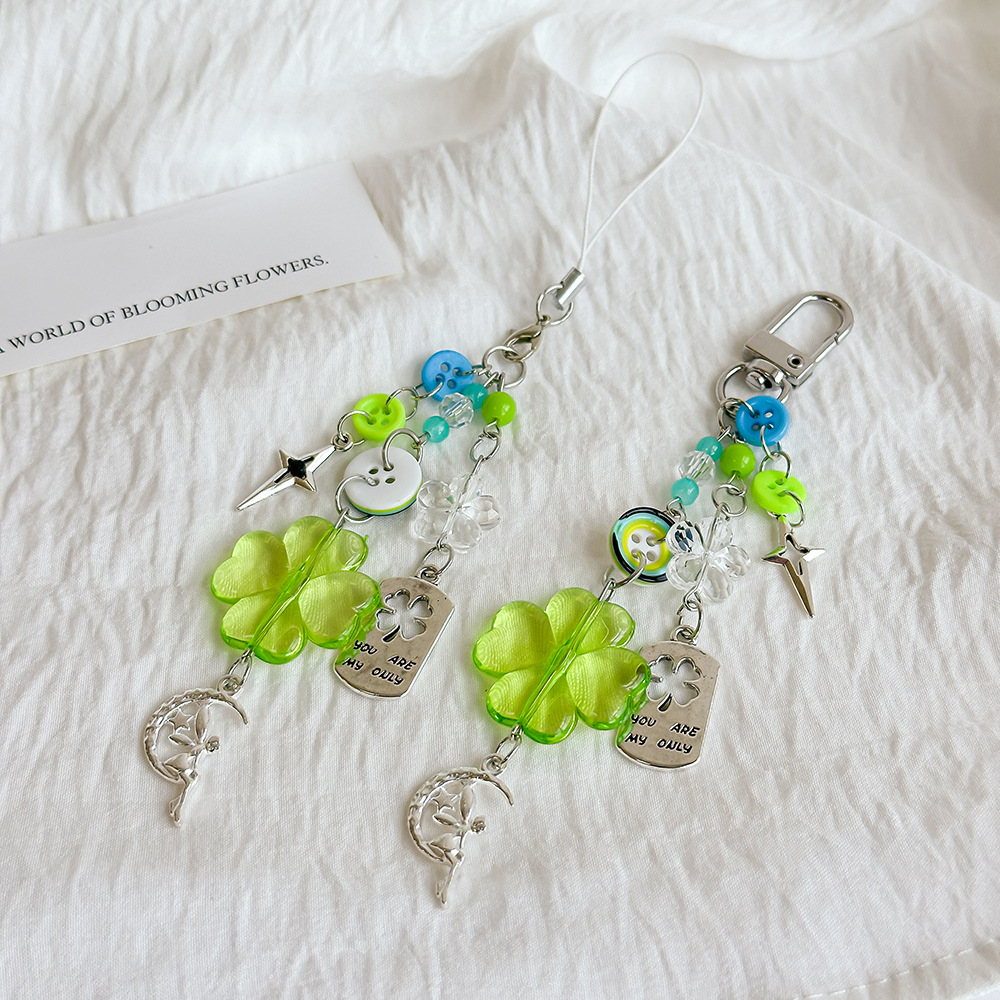 [Angel's Guardian] Lucky Four-Leaf Clover Mobile Phone Chain Pendant Ins Style Keychain Beaded Bag Pendant