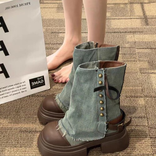 Sleek, niche-design denim booties for women—spring/summer season, mid-calf style, with chunky soles and a classic Martin boot vibe.