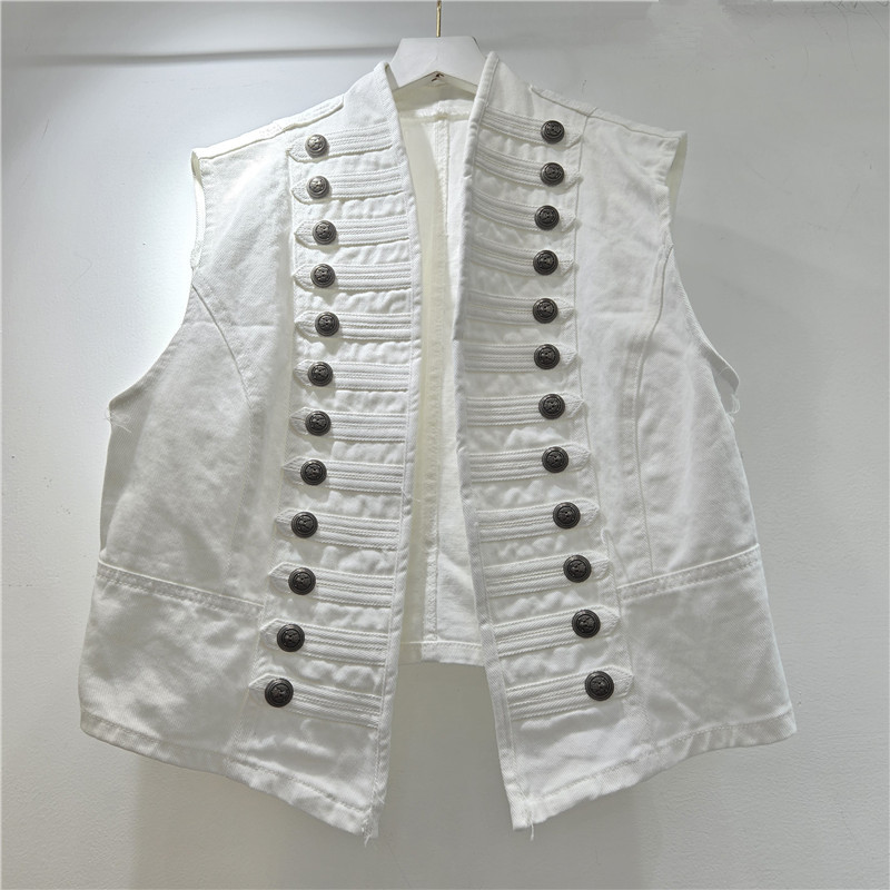 Nuevo estilo americano de estilo retrógrado corte de moda delgada industria pesada hebilla tridimensional sin mangas de cuello chaleco de mujer moda