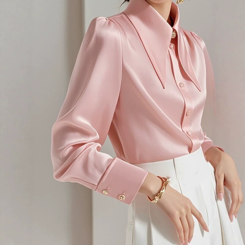 This Year's Trendy Beautiful Blouses Are Unique and Chic, with a Light Luxury and High-End Feel, and Look Super Nice in Pink Acetate Satin