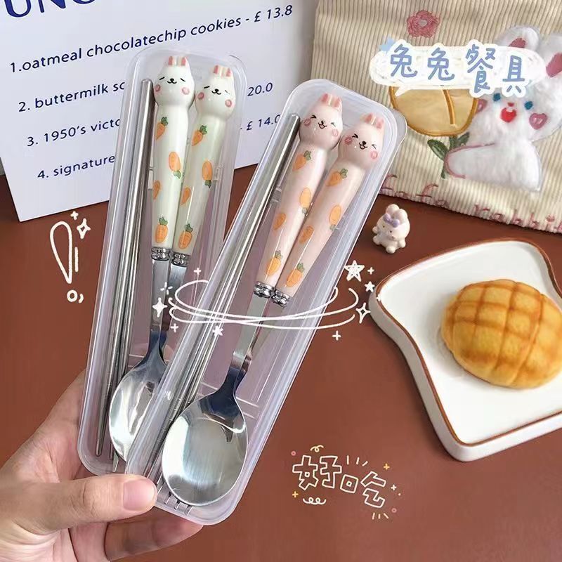 Student Portable Stainless Steel Tableware Three-Piece Set High-Value Chopsticks Spoon and Fork Set Two-Piece Set Kidsren's Rabbit Cartoon Spoon Student Portable Stainless Steel Tableware Three-Piece Set High-Value Chopsticks Spoon and Fork Set Two-Piece Set Kidsren's Rabbit Cartoon Spoon