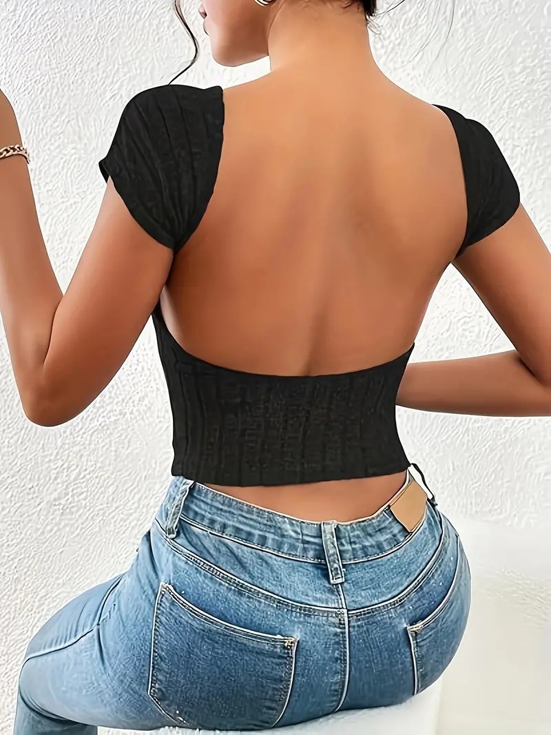 new sexy slim backless short top wide striped fleece short-sleeved T-shirt for women_senzul.com