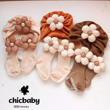 新生婴儿帽子袜子组合春秋款女宝宝花朵蝴蝶结胎帽婴幼儿护囟门帽