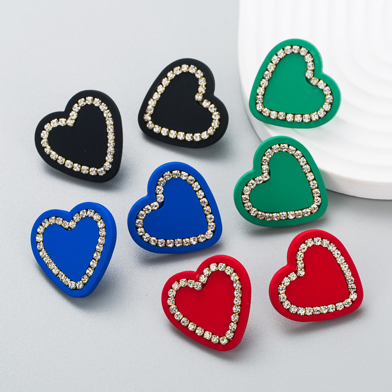 Fashion Contrast Color Inlaid Rhinestone Heart-shaped Earrings display picture 2