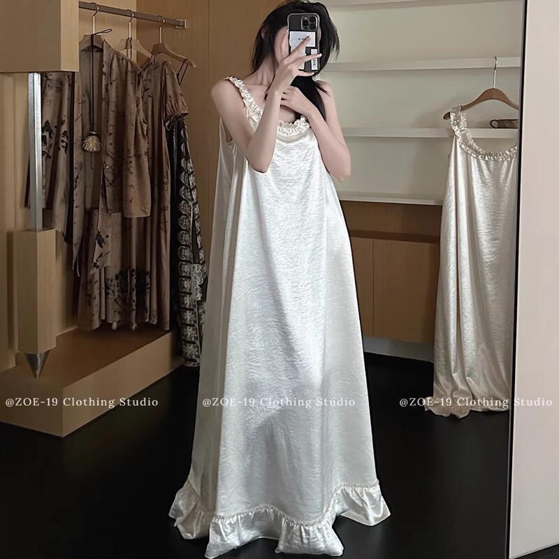 Summer New Style Suspender Long Dress for Women, Lace-Trimmed Satin Dress, Korean Style Gentle Style Outer Wear Nightgown