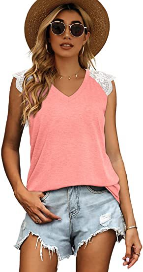 Abbigliamento da donna 2024 T-shirt canotta allentata in pizzo patchwork da donna estivo 2024 con maniche volanti_voghion.com