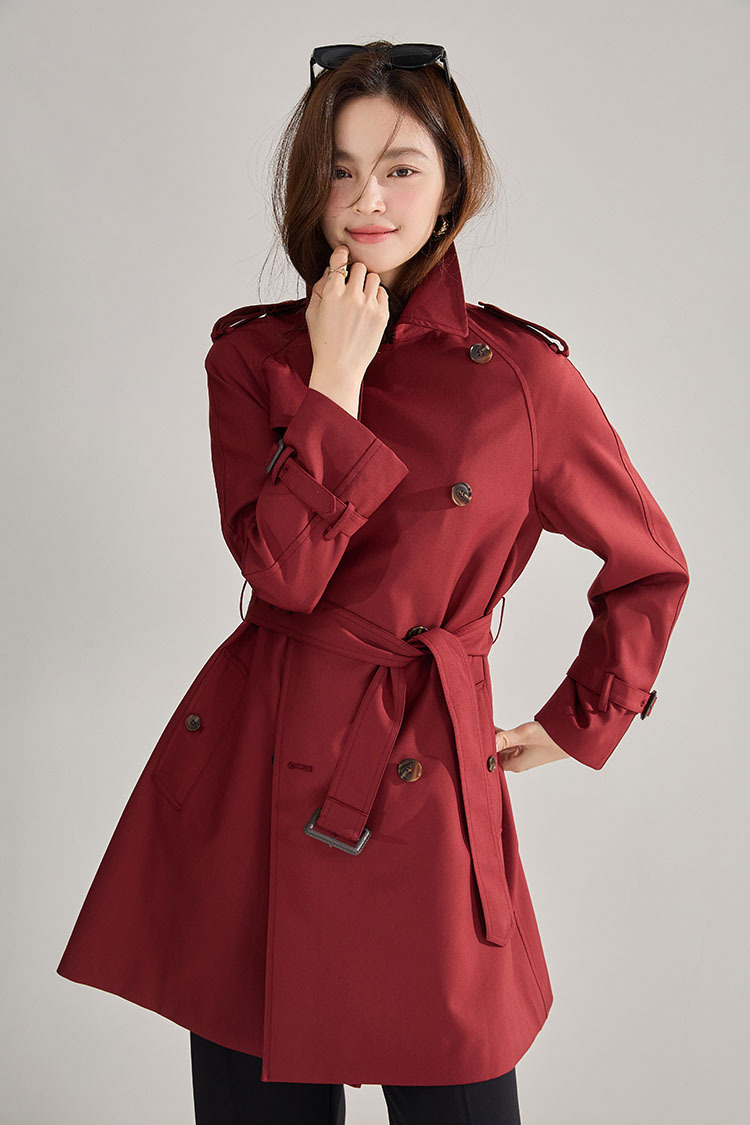 Womens Autumn Red Trench Coat Lapel Collar Double Breasted Leisure
