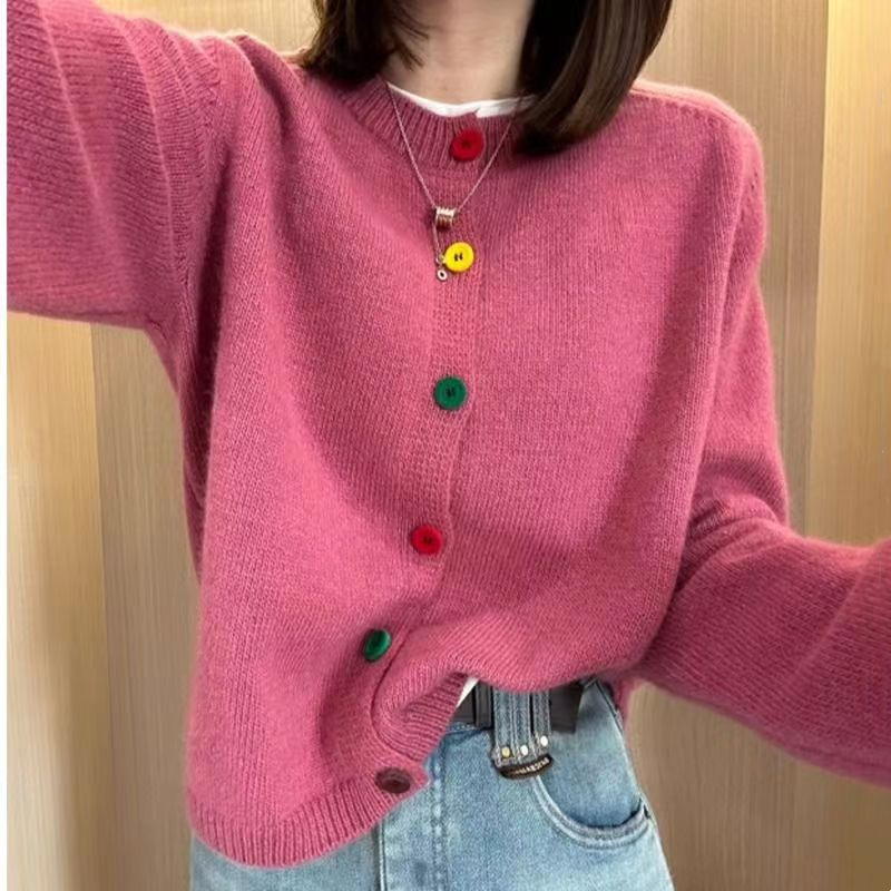2024 Spring New Fashion Temperament Easiest for Match Color Button Round Neck Knitted Cardigan Casual Small Fragrance Sweater for Women