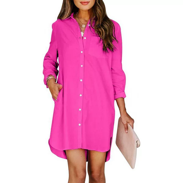 Mutitop Women's Button-Up Shirt Dress with Pocket Cotton Button Belted Waist Long-Sleeved Solid Color High-Low Shirt