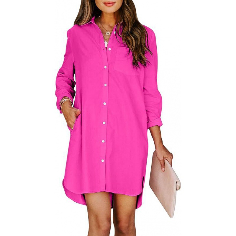 Mutitop Women's Button-Up Shirt Dress with Pocket Cotton Button Belted Waist Long-Sleeved Solid Color High-Low Shirt Mutitop Women's Button-Up Shirt Dress with Pocket Cotton Button Belted Waist Long-Sleeved Solid Color High-Low Shirt