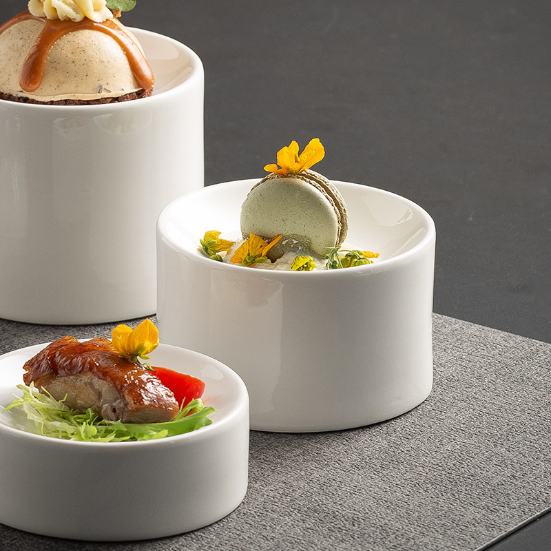 French High-end Western Food Molecular Cuisine Snap Plate White High Foot Mood Food Tableware Cylindrical Plate Hotel Top Plate French High-end Western Food Molecular Cuisine Snap Plate White High Foot Mood Food Tableware Cylindrical Plate Hotel Top Plate