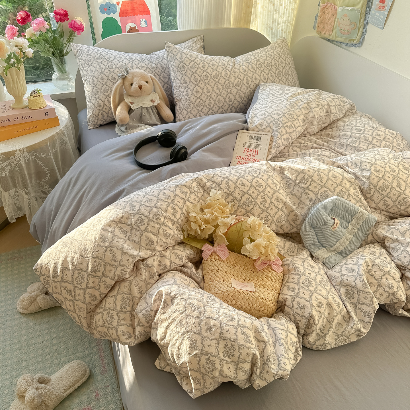 Nuevo algodón coreano de cuatro piezas, sábanas de algodón, cubierta de cama, dormitorio de estudiantes, ropa de cama de tres piezas