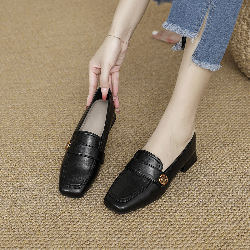 여성용 두꺼운 굽 LP 로퍼 2026 봄 신상 레트로 스타일 사각코 미들힐 슬립온 사계절 가죽 슈즈