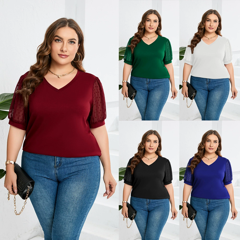 Женская однотонная футболка с короткими рукавами-буфами, V-образным вырезом и пушистым сетчатым декором из помпонов, в стиле Amazon, для трансграничной торговли в Европе и Америке.