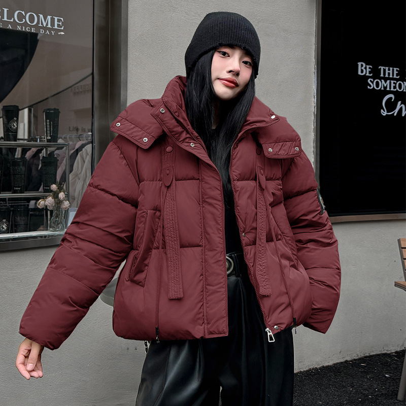 Europa americana ropa de algodón corta mujer invierno 2025 nuevo estilo de moda con capuzas curry grueso chaqueta de algodón