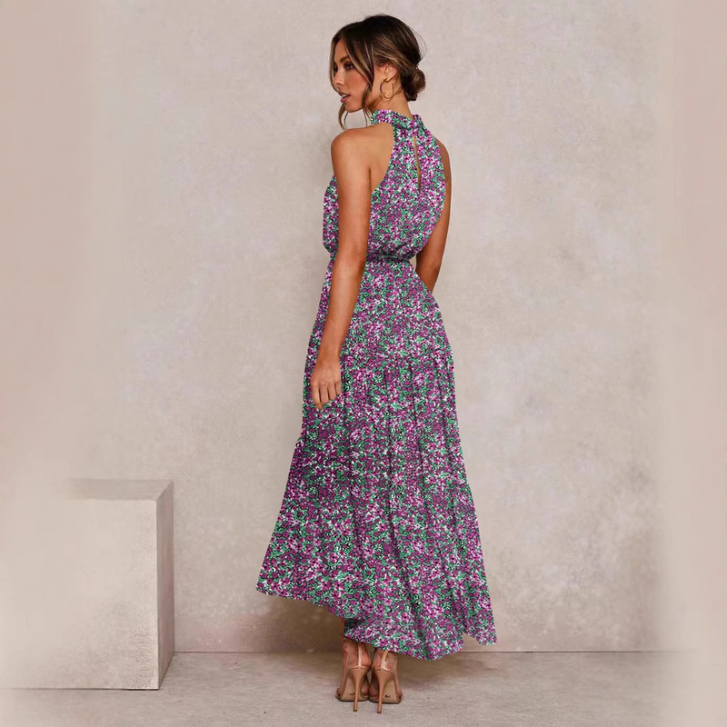 2025 Europe and the United States cross-border Amazon women's dress foreign trade explosions new hanging neck wave printing lace-up dress