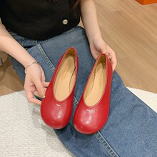 圆头平底小红鞋复古小众奶奶鞋浅口百搭一脚蹬大头单鞋女