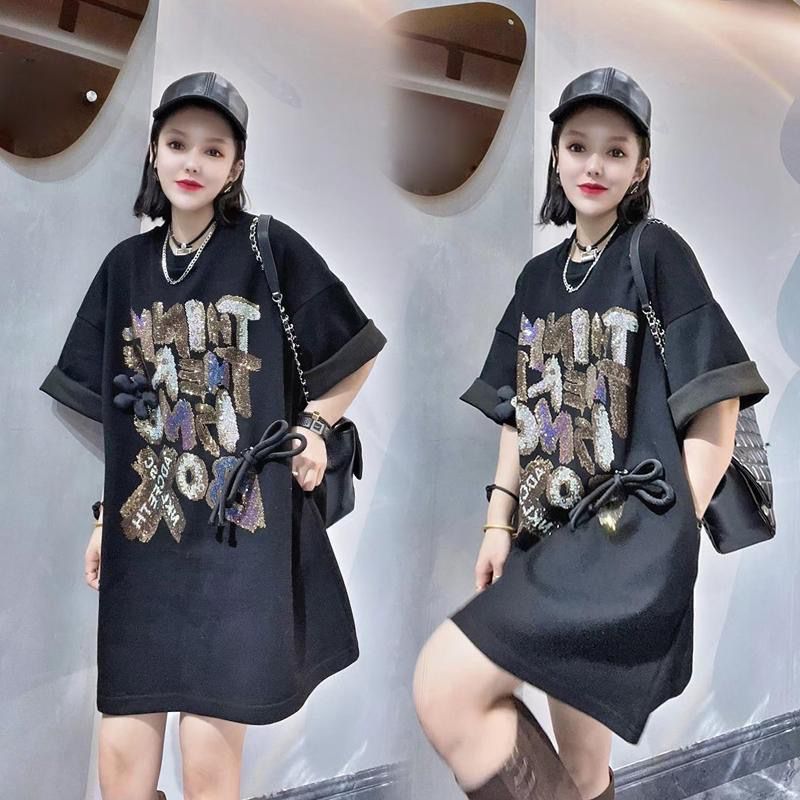 Gran tamaño de ropa de mujer grasa mm2 - 300 kg industria pesada caliente perforación media y larga camiseta de manga corta de moda de mujer nueva camiseta de manga corta falda