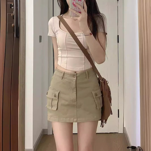 Women's Workwear Half-Skirt 2024 Summer New Fashion High-Waist Khaki Color Slimming Hot Girl A-Line Skirt Bustier Short Skirt