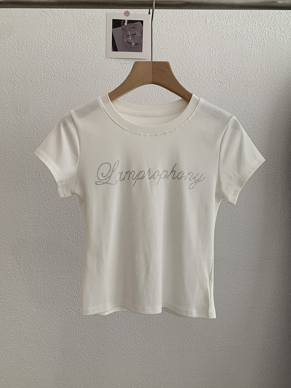 Omalai 英字ホットダイヤモンドラウンドネックスリムフィット半袖 Tシャツ夏韓国スタイル多用途トップ女性用 3824|undefined