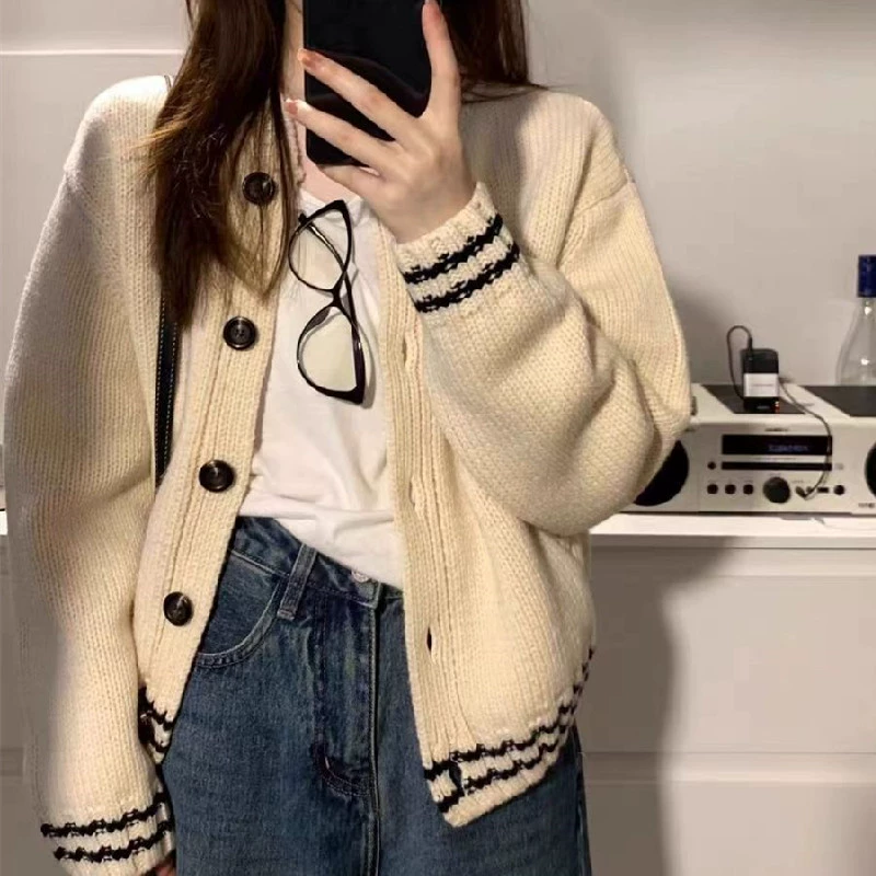 Свитер Hongtai с цветными блоками, вязаный кардиган для осени и зимы, женская куртка с длинными рукавами в свободном стиле для повседневной носки.