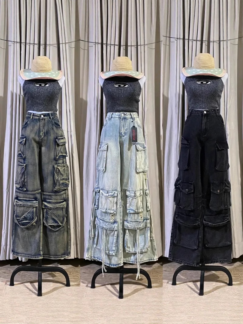 Pantalones de mezclilla para mujer, monos, pantalones de moda de piernas anchas con bolsillos múltiples, pantalones Cargo pants wholesale