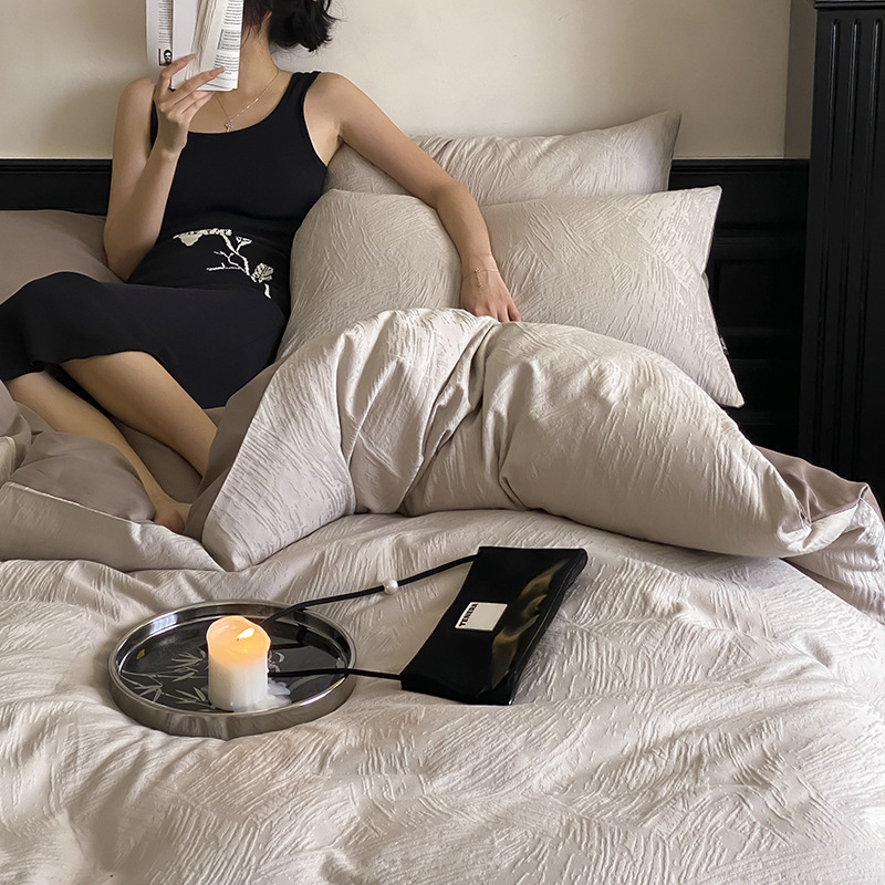 Nordic French Minimalist Retro 100S Lon-staple Cotton Brushed Four-piece Set, Jacquard Pure Cotton, Simple Nordic Style Duvet Cover, Bed Sheet,_voghion.com