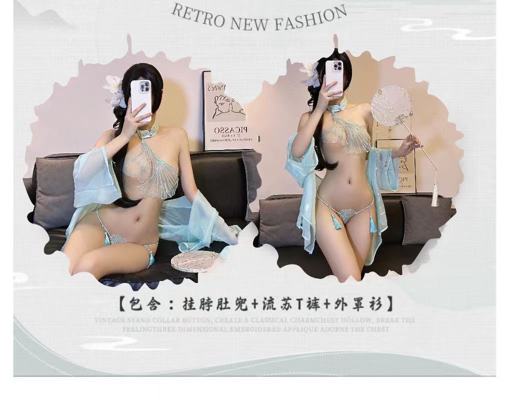 Lace Transparent Hanfu-Style Bellyband Costume Set with White Butterfly Stockings, One Size — detail image 6