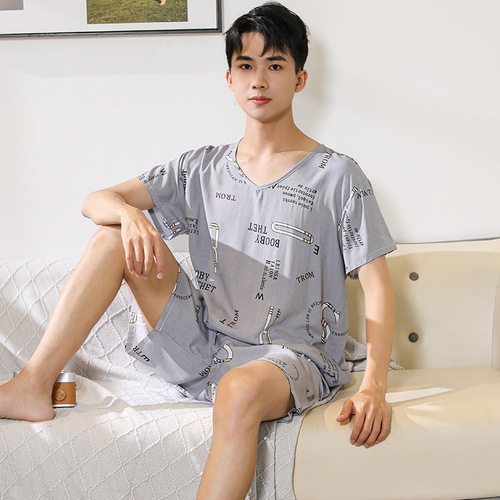 Men's Cotton Satin Summer Thin Pajama Set, Artificial Cotton Simple Short Sleeve Loose Plus Size Shorts, Satin Home Suit