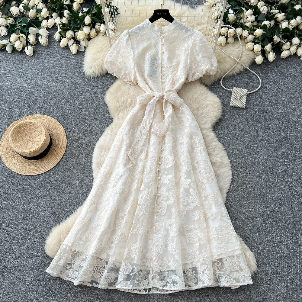 Elegant Lace Embroidered Dress for Women High-Waisted A-Line Skirt Summer Suitable for Commuting And Banquets_ecoleips.com
