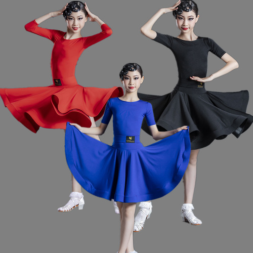 Girls Latin dance dresses children competition blue silver red ballroom latin performance skirt standard acrobatics show costumes Competition ballroom latin dance outfits for kids