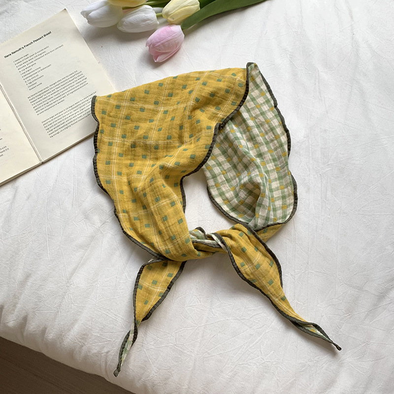 Pañuelo estilo pastoral femenino primavera y verano estilo arte japonés a cuadros bufanda triangular decoración de doble cara bufanda de seda pañuelo para el cabello